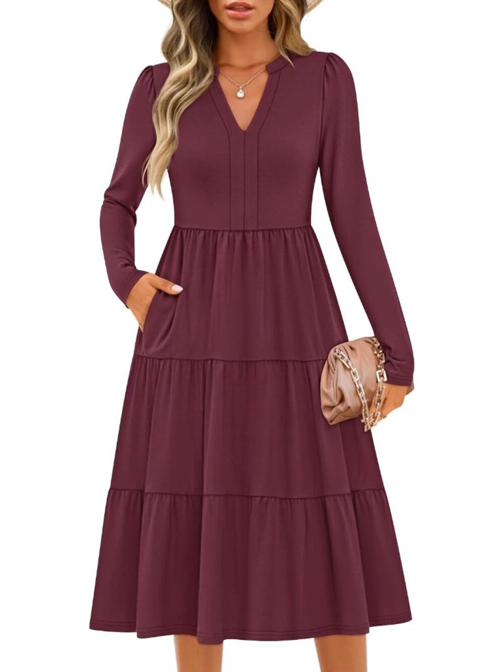 🆕Women's Wine Red Long Sleeve V Neck Loose Fit Flowy A LINE Ruffle MIDI Dress